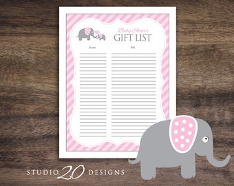 Sofortiger Download rosa Elefant-Babyparty für Mädchen, Baby-Dusche-Geschenk Liste Tracker, Geschenk-Tracker-Blatt, Elefant-Checkliste 22B