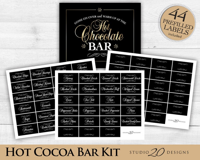 Instant Download Winter Hot Chocolate Bar Kit, Printable Gold Black Hot Cocoa Bar Kit for Wedding, Shower or Birthday Party 20A image 3