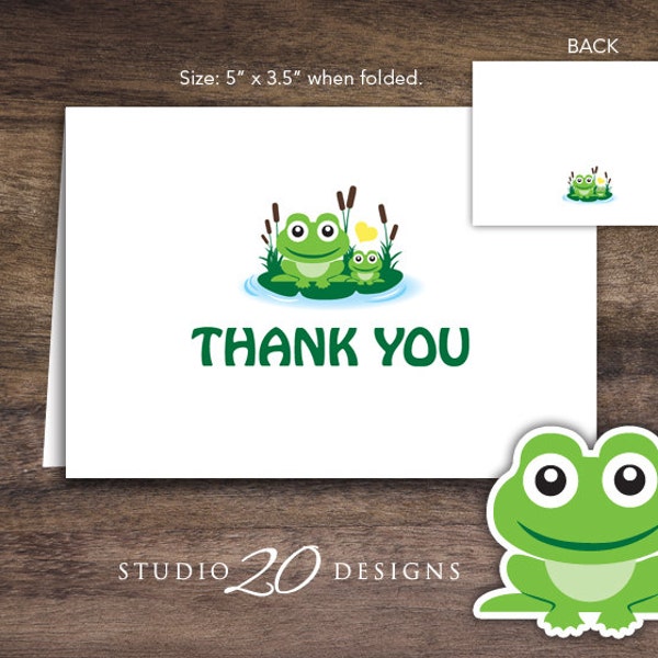 Instant Download Frog Thank You Card, Folded Frog Baby Shower Thank You Card, Folded Green Frog Birthday Present Thank You Card 24A