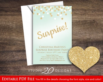 Instant Download 4x6 Mint Gold Glitter Surprise Party Invitations Editable Pdf, 4x6 Gold Surprise Birthday Invitations, AUTOFILL enabled 25A
