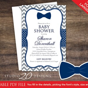 Bow Tie Baby Shower Invitations Editable Pdf, DIY 4x6 Printable Grey ...