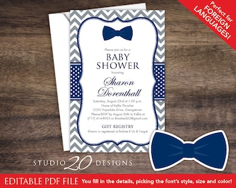 Bow Tie Baby Shower Invitations Editable Pdf, DIY 4x6 Printable Grey Navy Chevron Shower Invites AUTOFILL Enabled, Instant Download 79E