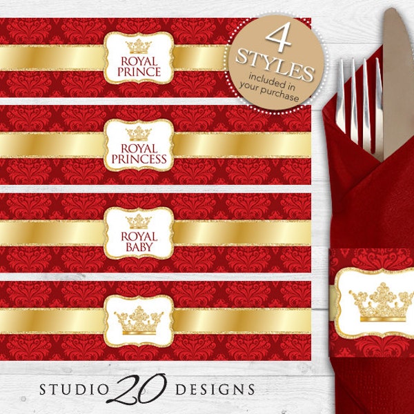 Instant Download Royal Red Prince or Princess Napkin Rings, Gold Baby Shower Napkin Rings, Gold Glitter Birthday Napkin Labels #66E