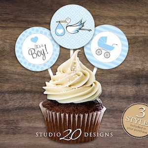 Instant Download 2&quot; Stork Cupcake Toppers, Printable Stroller Baby Shower Cupcake Toppers, Its A Boy Baby Shower Toppers, Baby Gift Tags 50A