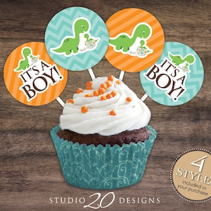 Instant Download Dinosaur Cupcake Toppers, 2&quot; Dinosaur Baby Shower Cupcake Toppers, Dinosaur Cupcake Decorations, It&#39;s A Boy Pops 59A
