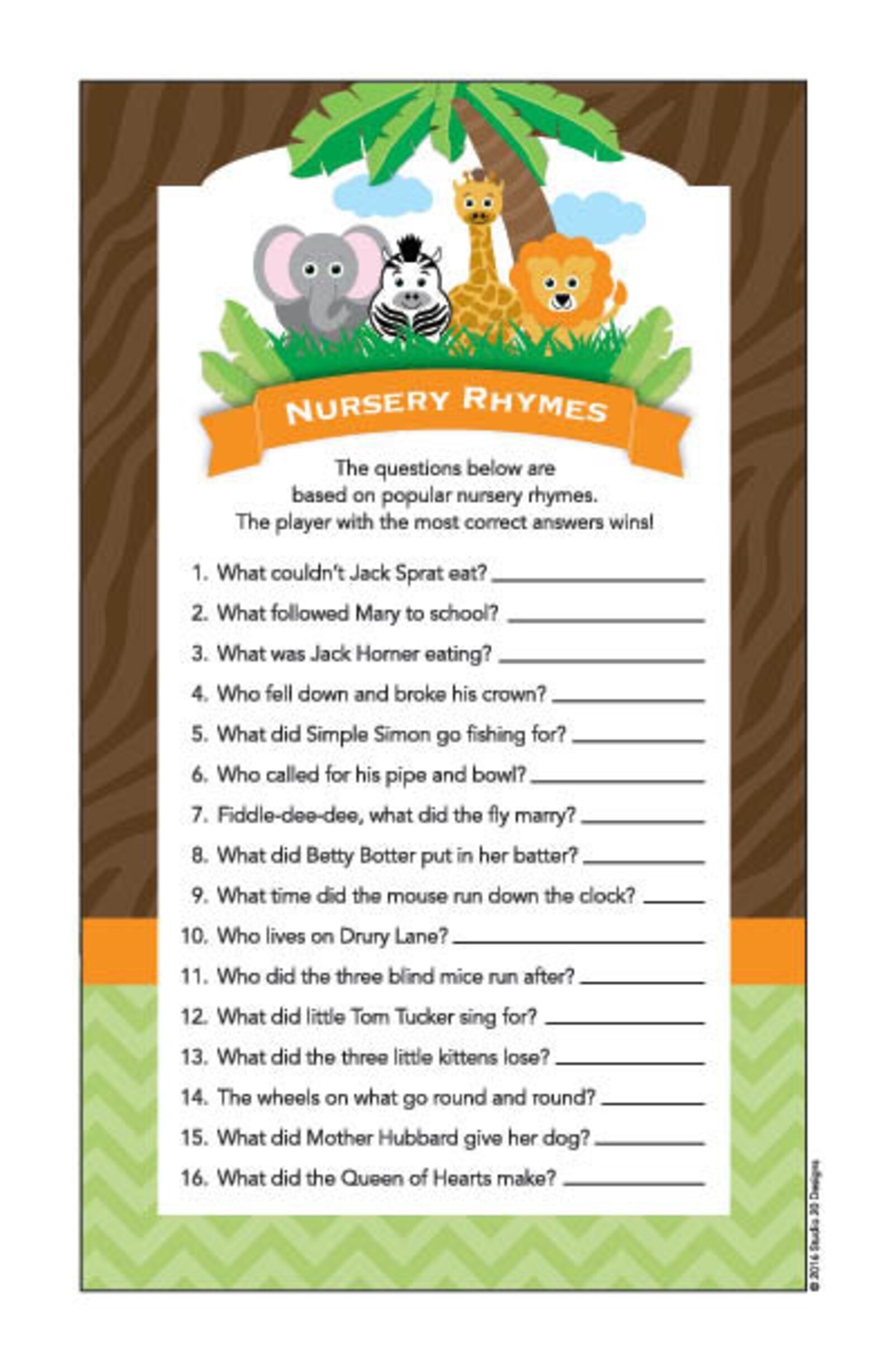 Instant Download Safari Nursery Rhyme Quiz Jungle Nursery Etsy