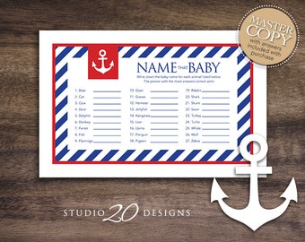 Instant Download Blue Red Nautical Baby Shower Games for Boy, Sailor Name That Baby Game, Baby Animal Game, Blue Anchor Baby Shower 26A