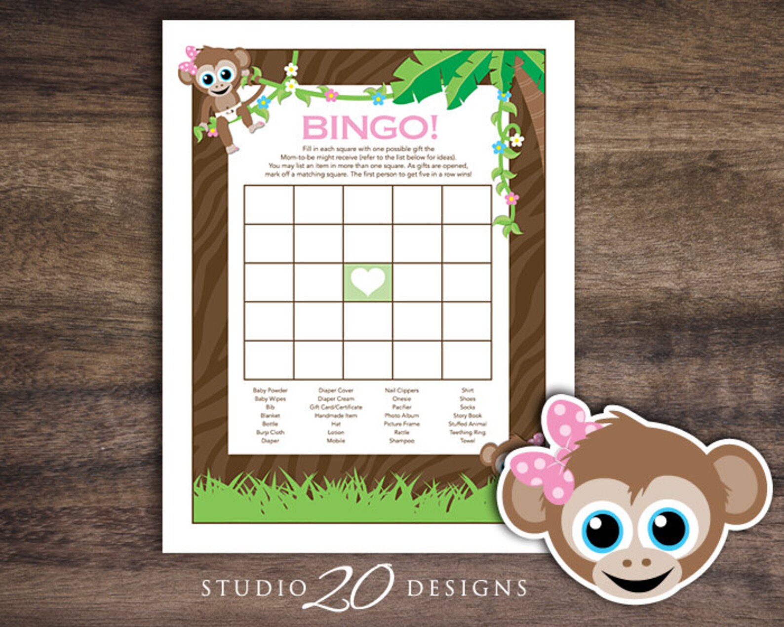 Instant Download Pink Monkey Bingo Game Printable Monkey Baby Etsy
