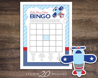 Instant Download BINGO Airplane Baby Shower Games, Printable Party Cards for Boy, Blue Red Aviation Game Sheets, Polkadot Bomber #37A