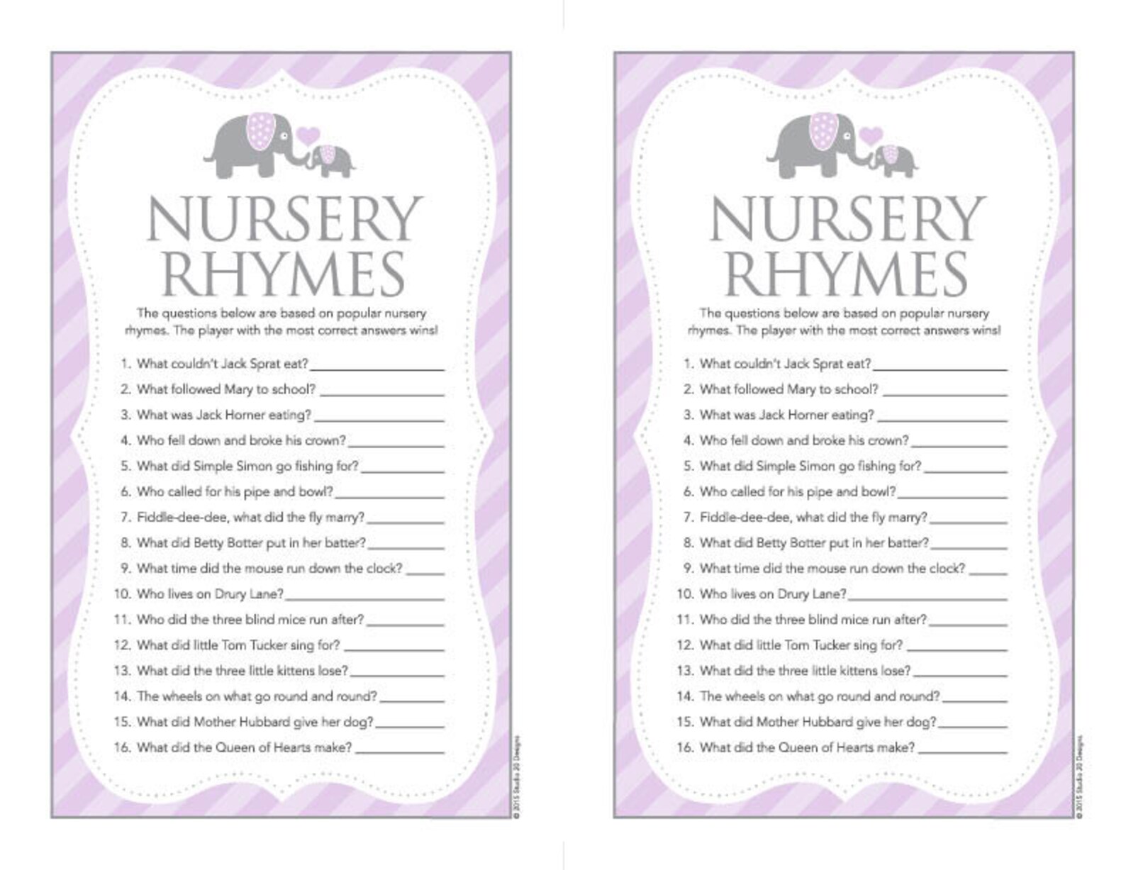 Instant Download Lilac Elephant Nursery Rhyme Quiz Purple Etsy