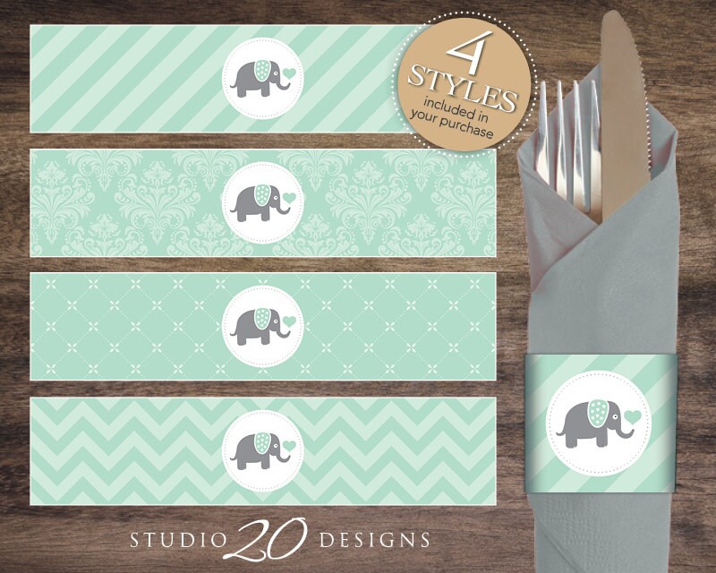 Instant Download Mint Elephant Napkin Rings Printable Mint Green Grey Elephant Baby Shower Napkin Wraparounds for Baby Boy