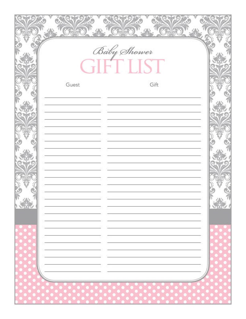 Instant Download Pink Damask Baby Shower Gift List for Girl - Etsy