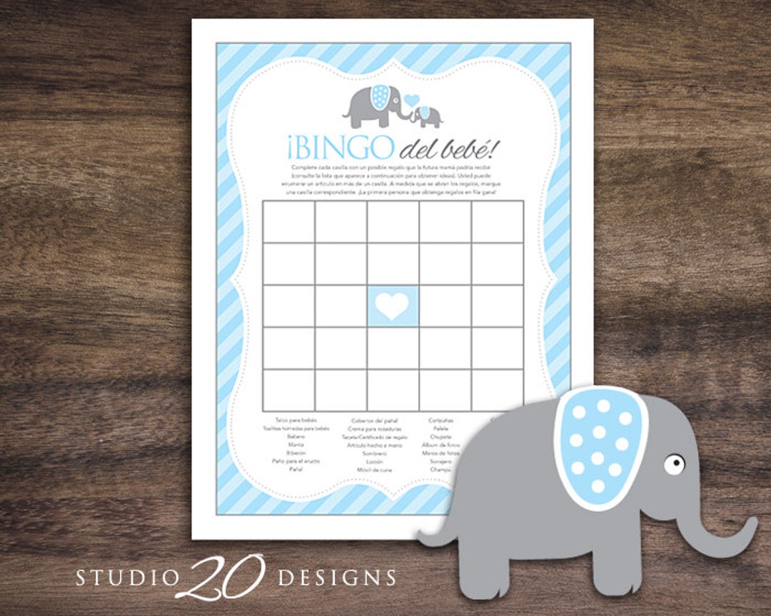 25 Blue Elephant Baby Shower Bingo Game Cards + 25 Baby Feet Chips - Blank Bingo For Boys, Woodland Theme