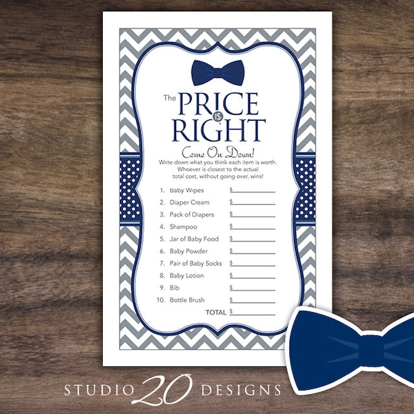 Instant Download Bow Tie Price Is Right Baby Shower Game, Printable Navy Grey Chevron Little Man Baby Shower Price Is Right Game 79E