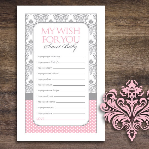 Instant Download Pink Damask Wishes for Baby Game, Grey Pink Damask Baby Shower Games for Girl, Girl Damask Wish for Baby Shower Game 51A