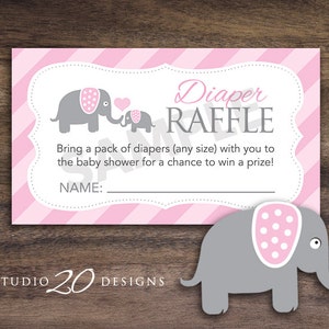 Descarga instantánea de tarjetas de rifa de pañales de baby shower con tema de elefante para niña, hojas de rifa de baby shower imprimibles, elefante rosa para niña #22B