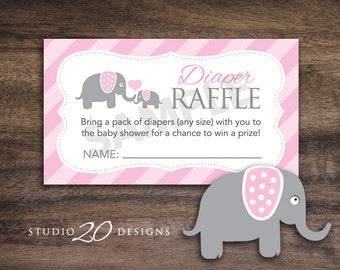 Instant Download Elephant Theme Baby Shower Diaper Raffle Cards for Girl, Printable Baby Shower Raffle Sheets, Baby Girl Pink Elephant #22B