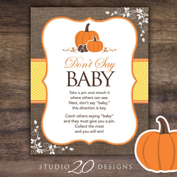 Instant Download Orange Yellow Pumpkin Don't Say Baby Sign, 8x10 Rustic Pin Game, Gender Neutral Autumn Pumpkin Baby Shower Icebreaker #83C