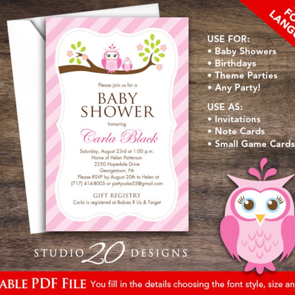 Instant Download Pink Owl Baby Shower Invitations Editable Pdf, DIY 4x6 Printable Pink Brown Owl Invitations, AUTOFILL enabled 23E