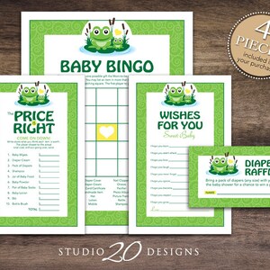Instant Download Frog Baby Shower Games Pack, Yellow Green Frog Bingo Game, Frog Price Is Right, Frog Wishes for Baby, Diaper Raffle 24B