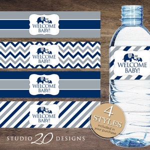 Instant Download Navy Grey Elephant Water Bottle Labels, Printable Baby Shower Wraparounds, It's a Boy Baby Shower Water Bottle Labels 22G image 1