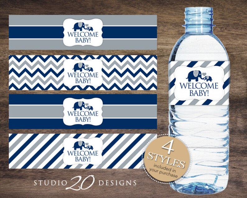 Instant Download Navy Grey Elephant Water Bottle Labels, Printable Baby Shower Wraparounds, It's a Boy Baby Shower Water Bottle Labels 22G image 1