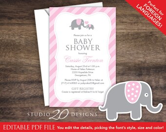 Instant Download Pink Elephant Baby Shower Invitations Editable Pdf, DIY 4x6 Printable Baby Shower Elephant Invites, AUTOFILL enabled #22B