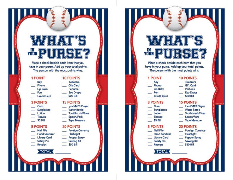 Instant Download Baseball What's In Your Purse Game, Blue Red Baseball Baby Shower Games, Printable Navy Red Sports Theme Purse Game 68A image 3