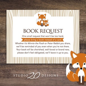 Téléchargement instantané Fox Book Request for Boy, Orange Fox Book in Place of Card, Orange Brown Fox Theme Baby Shower Book Au lieu de la carte 65C