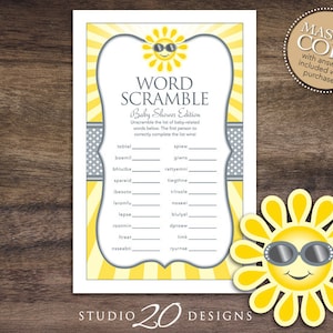 Instant Download Sunshine Baby Word Scramble, Yellow Grey You Are My Sunshine Word Scramble, Gender Neutral Sun Theme Baby Shower Games 72B