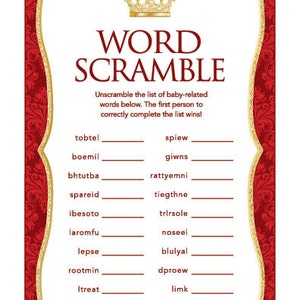 Instant Download Royal Red Prince or Princess Baby Word Scramble, Gold ...