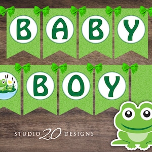 Instant Download Frog Baby Shower Banner, Frog Bunting Banner, Green Yellow Frog Pendent Banner, Baby Boy Shower Banner or Boy 24B