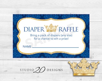 Instant Download Royal Blue Prince Baby Shower Diaper Raffle Cards, Printable Prince Diaper Prize Drawing, Crown Theme Baby Shower 66C
