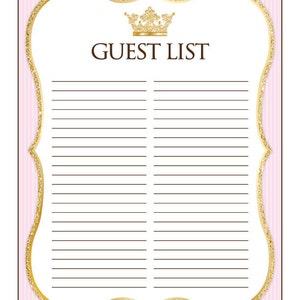 Instant Download Pink Princess Guest List, Printable Glitter Pink Gold ...
