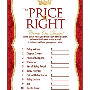 Instant Download Royal Red Prince or Princess Price Is Right Game, Printable Gold Glitter Baby Shower Games, Crown Theme Price Is Right 66E image 3