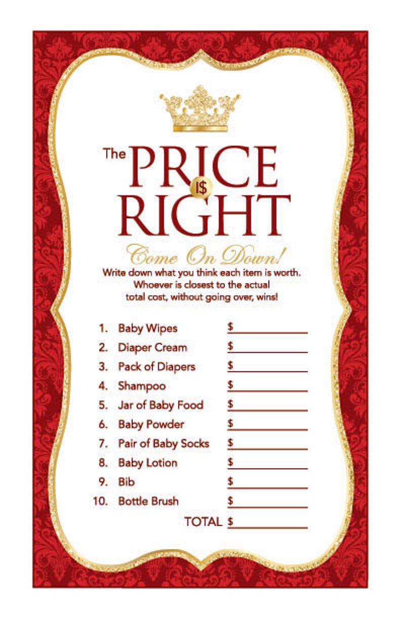 Instant Download Royal Red Prince or Princess Price Is Right Game, Printable Gold Glitter Baby Shower Games, Crown Theme Price Is Right 66E image 3