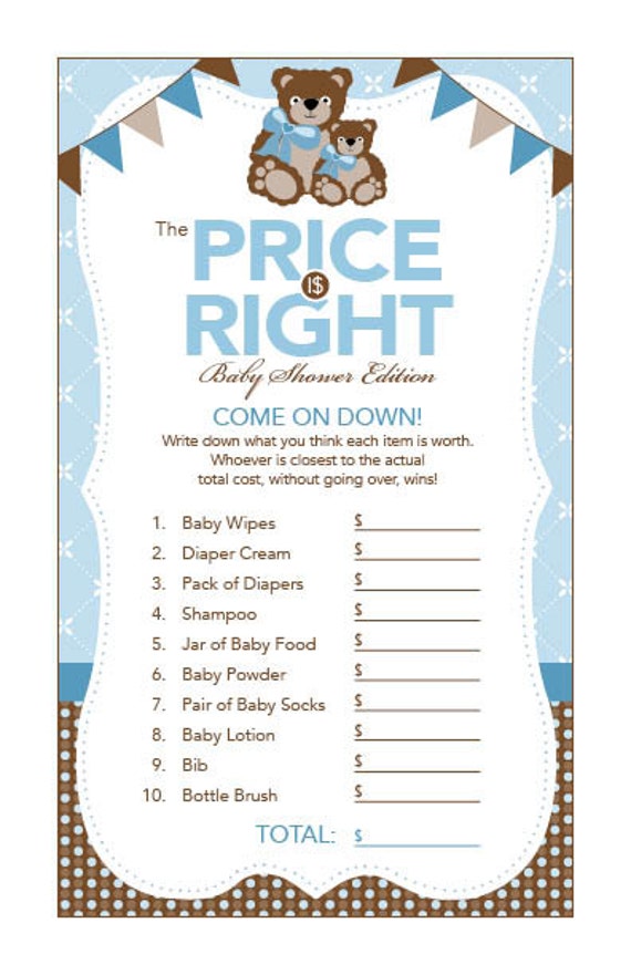 Instant Download Teddy Bear Theme Baby Shower the Price is Right Game  Cards, Printable Party Sheets for Boy, Brown Blue Bunting Flags 42A -   Canada