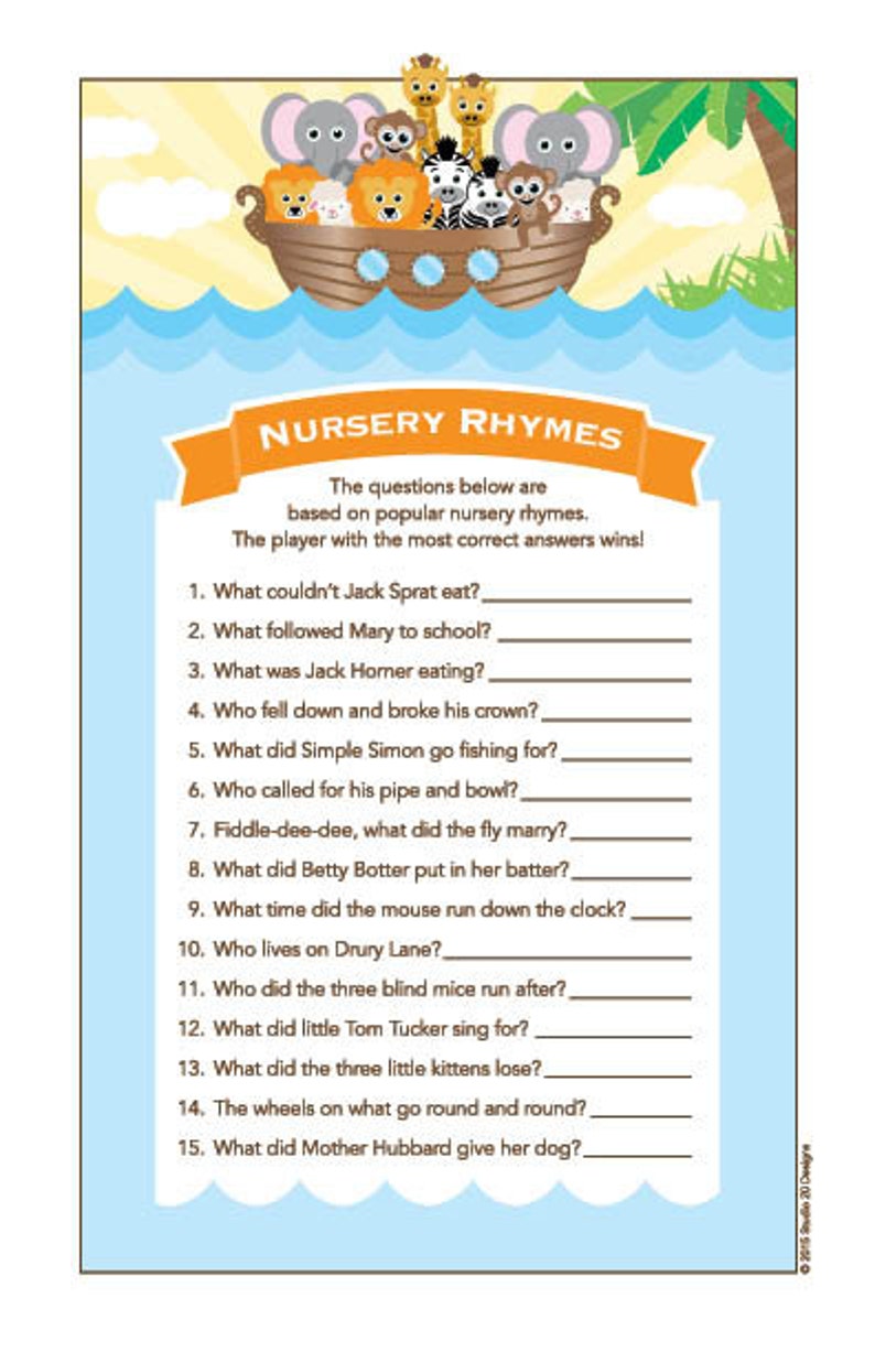 Instant Download Noah's Ark Nursery Rhyme Quiz Printable Etsy