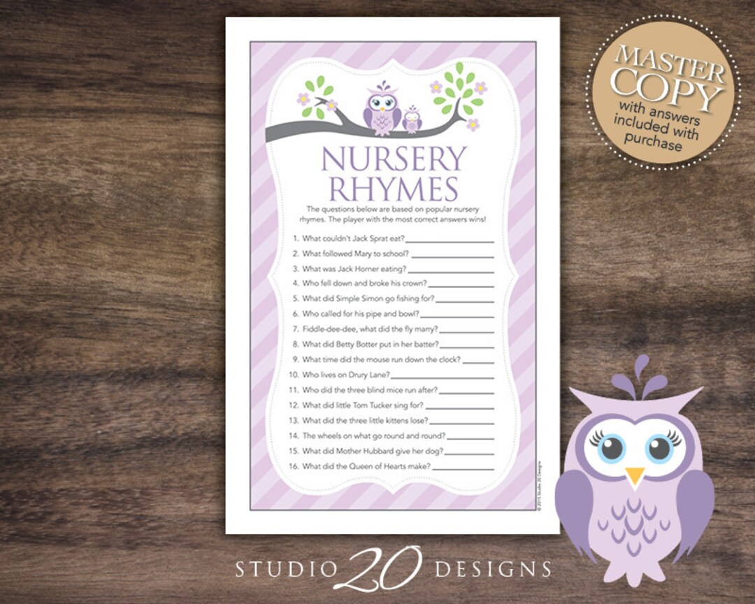 Instant Download Lilac Owl Nursery Rhyme Quiz Purple Grey Owl Etsy
