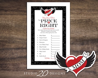 Instant Download Winged Heart Tattoo Baby Shower The Price Is Right Game Cards, Black Red Printable Rockabilly Baby Shower Price Game #28A