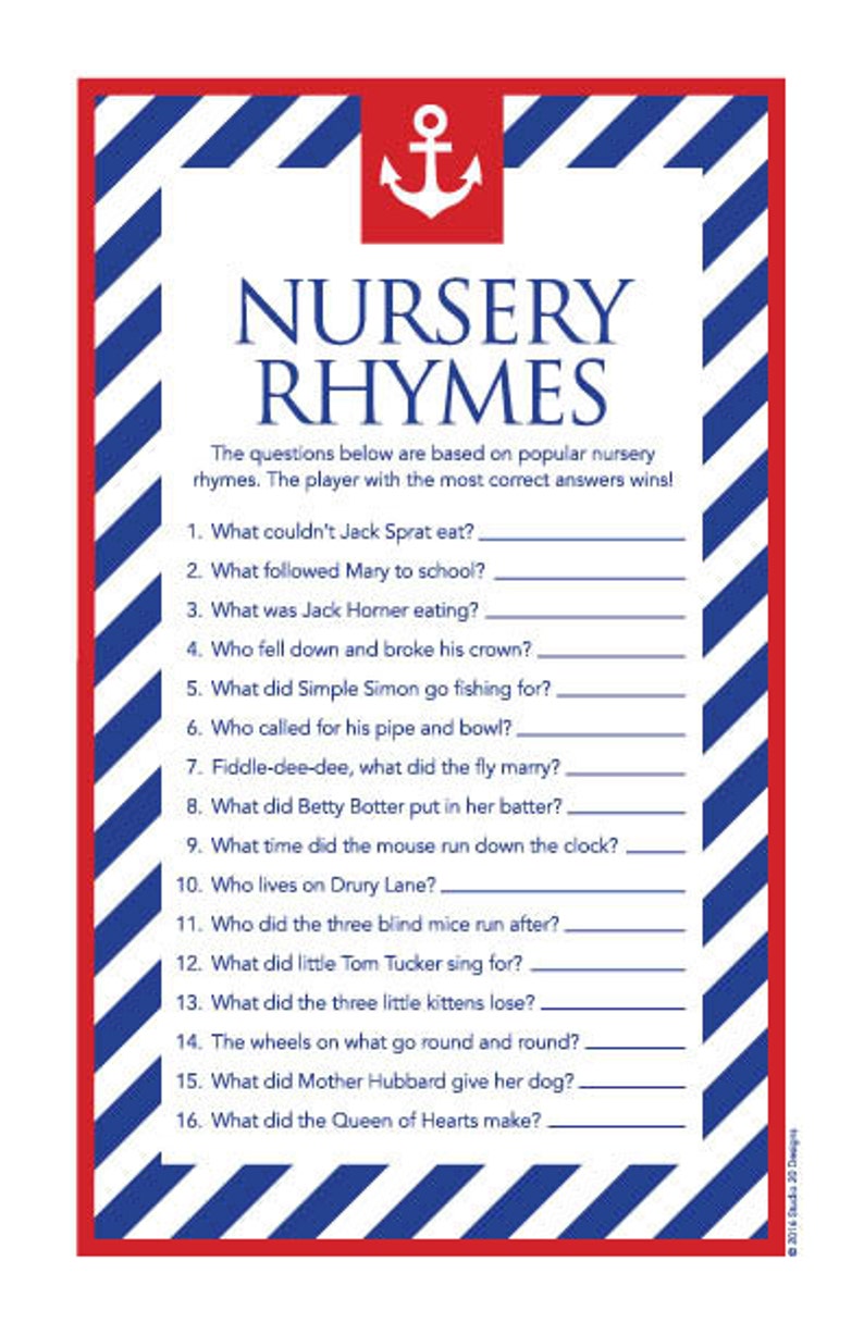Instant Download Blue Nautical Nursery Rhymes Quiz Sailor Etsy