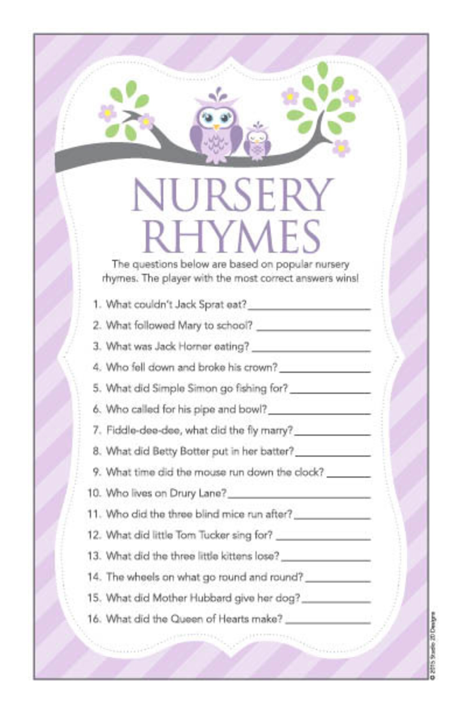 Instant Download Lilac Owl Nursery Rhyme Quiz Purple Grey Owl Etsy