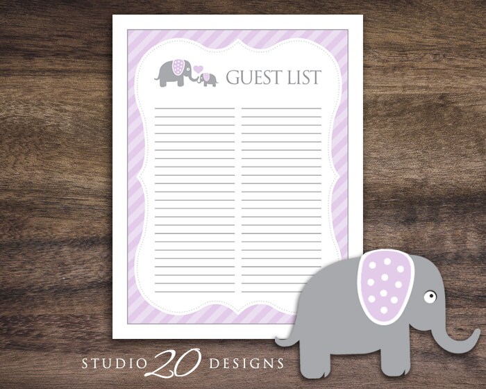 Instant Download Elephant Guest List Printable Lilac Elephant | Etsy