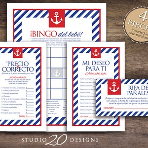 Instant Download blauwe nautische Spaanse baby shower games pack, Sailor bingokaarten, prijs is goed, wensen voor baby, luier loterij #26Asp