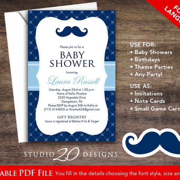 Instant Download Mustache Baby Shower Invitations Editable Pdf, DIY 4x6 Printable Navy Moustache Shower Invitations AUTOFILL Enabled 27B