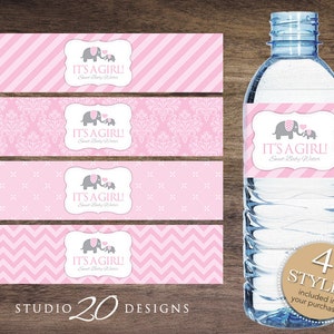 Instant Download Pink Elephant Water Bottle Labels, Printable Baby Shower Wraparounds, Girl Baby Shower Water Bottle Labels, It's a Girl 22B image 1