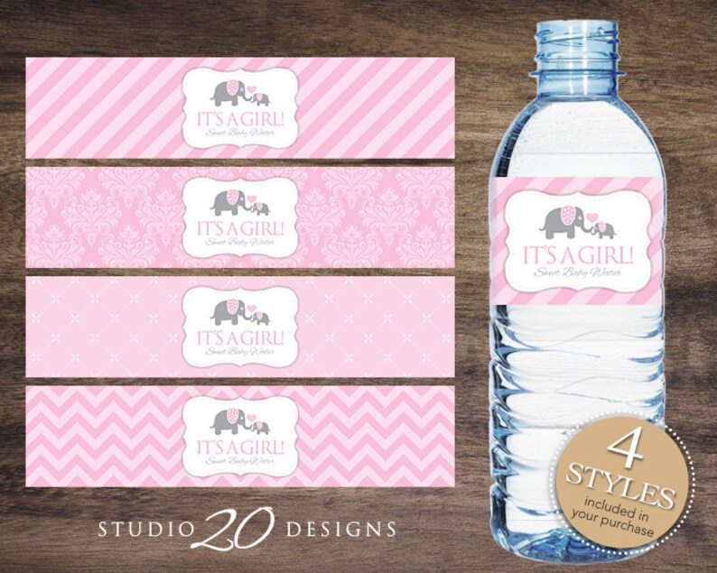 Instant Download Pink Elephant Water Bottle Labels, Printable Baby Shower Wraparounds, Girl Baby Shower Water Bottle Labels, It's a Girl 22B image 1