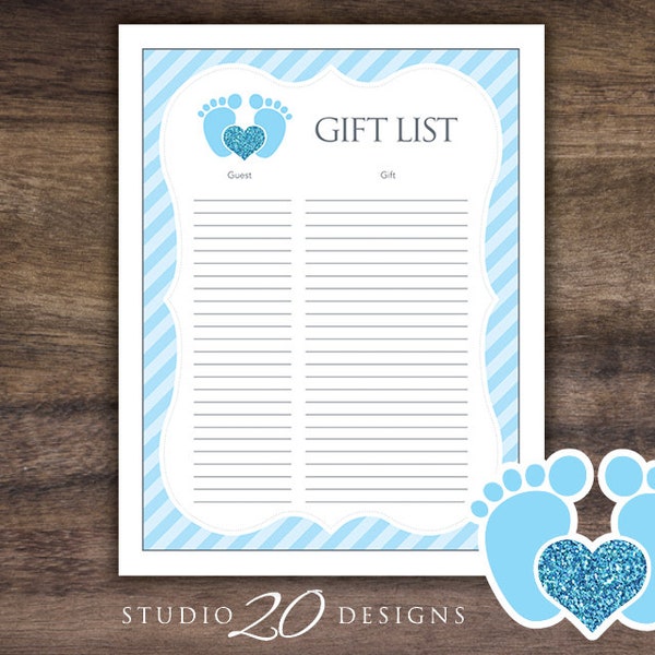 Instant Download Footprint Baby Shower Gift List, Grey Blue Glitter Baby Shower Gift Tracker, Boy Baby Feet Theme Checklist 75C