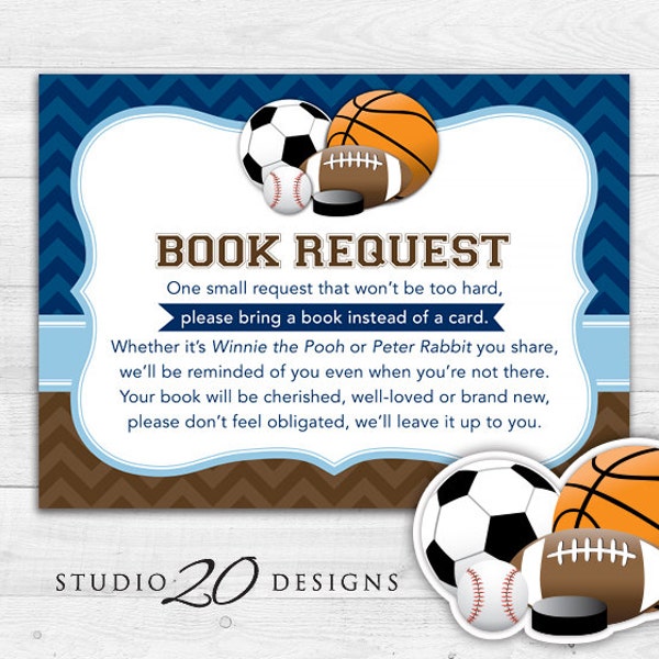 Instant Download Sports Book Request, Chevron Baseball Football Soccer Basketball Hockey Book in Lieu of Card, Sports One Small Request 80A