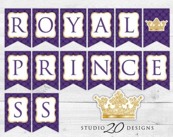 Instant Download Purple Royal Prince or Princess Baby Shower Banner, Glitter Bunting Banner, Gender Neutral Royal Birthday Banner 66H